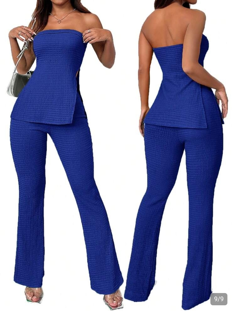 Strapless Wide-Leg 2 Piece Outfit Tube Top Wide Leg Pants Royal Blue Jumpsuit